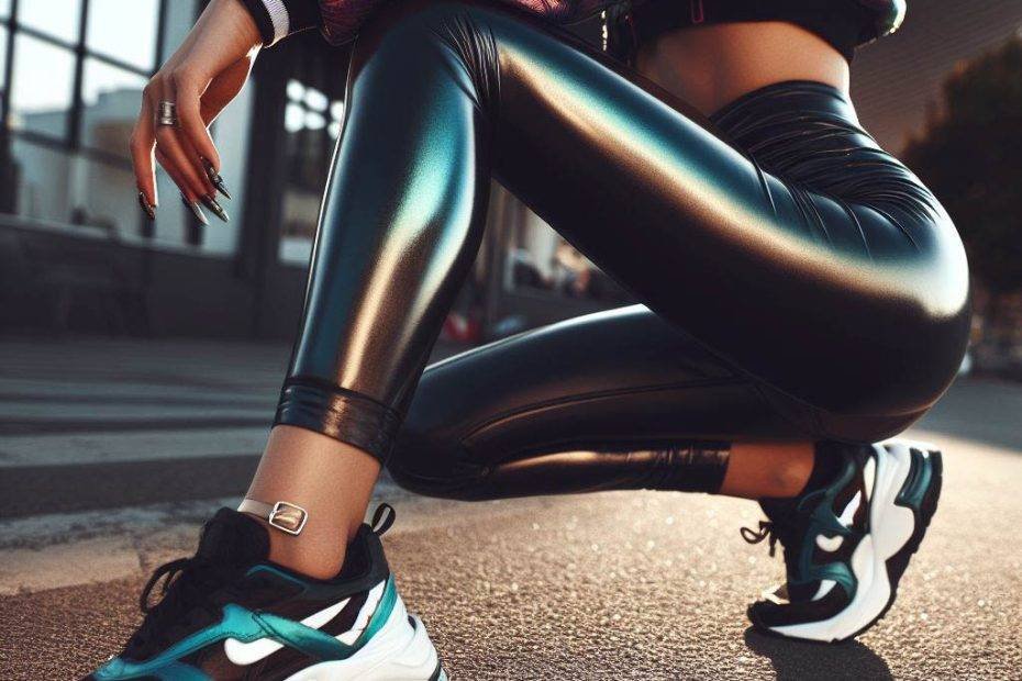Woman in leather shiny leggings, with sneakers ankles showing, crop colourful jacket, cyberpunk look, cool pose, dannylegging (2)