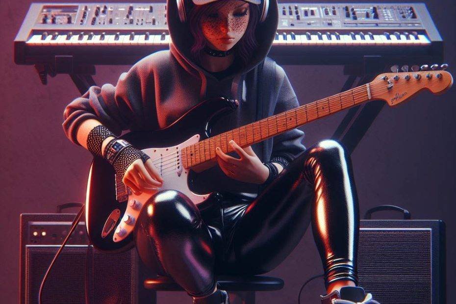 digital art, with person wearing shiny black leggings, hoodie, sneakers, music inspired, keyboard and guitar, dannylegging