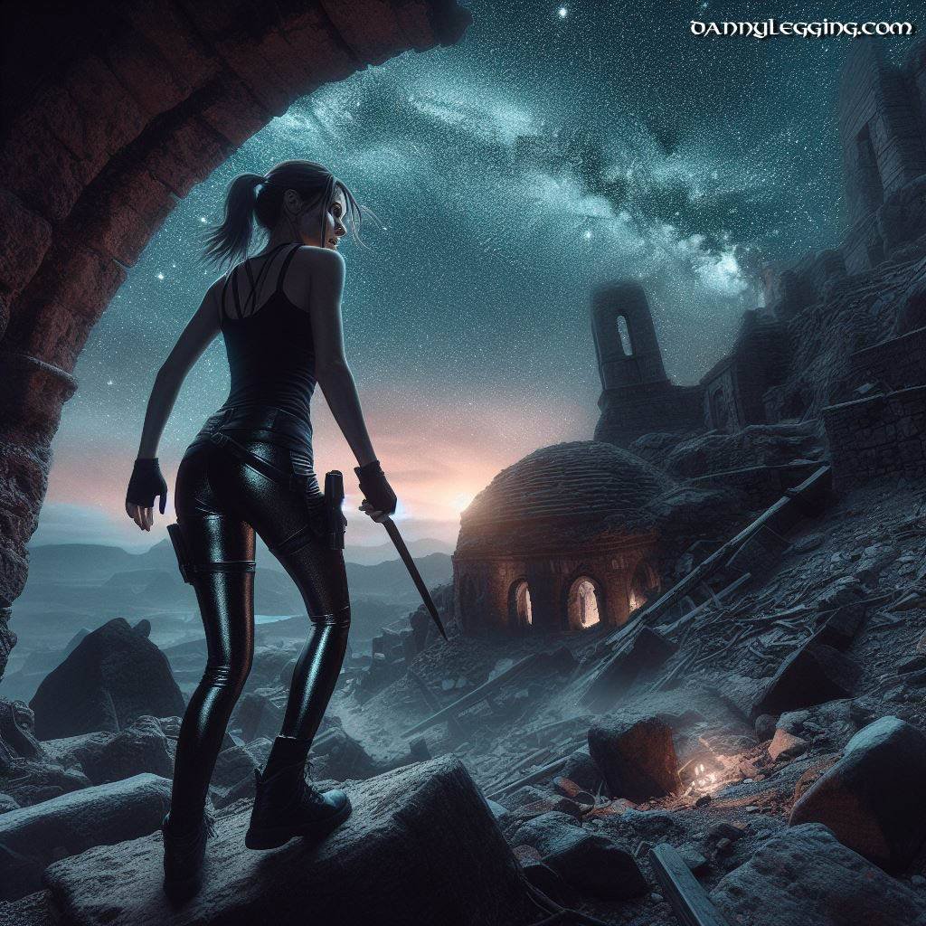 Tomb raider, lara croft, searching ruins, wearing black metallic leggings, night stars in sky 3