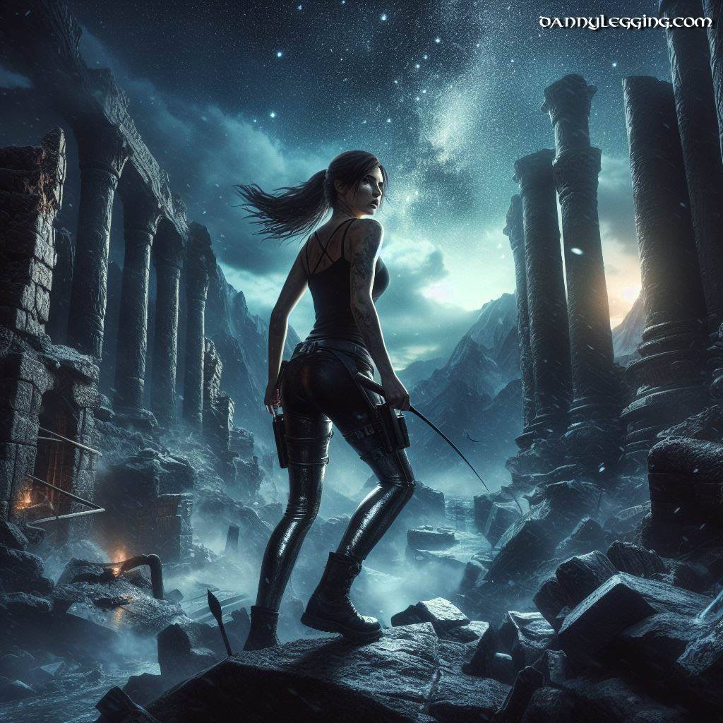 Tomb raider, lara croft, searching ruins, wearing black metallic leggings, night stars in sky 2