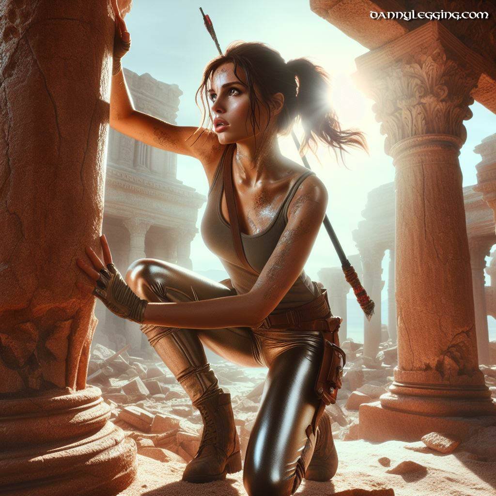 Tomb raider, lara croft, searching ruins, wearing metallic koral leggings, bright sunshine 3
