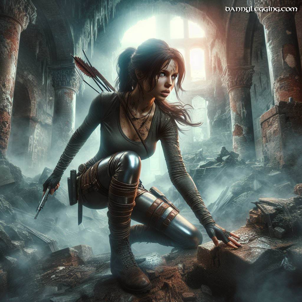Tomb raider, lara croft, searching ruins, wearing shiny leggings