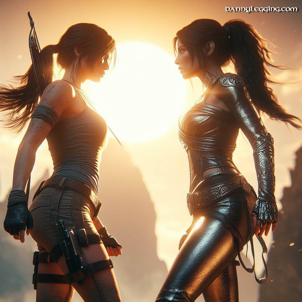 Tomb raider lara croft with Kassandra from assassins creed, facing off, both wearing black metallic leggings, bright sunshine 2